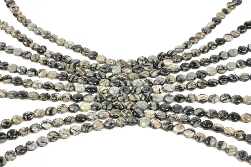 Black Veined AA Jasper Coin Beads Smooth Round Loose Spacer Gemstone DIY Supply