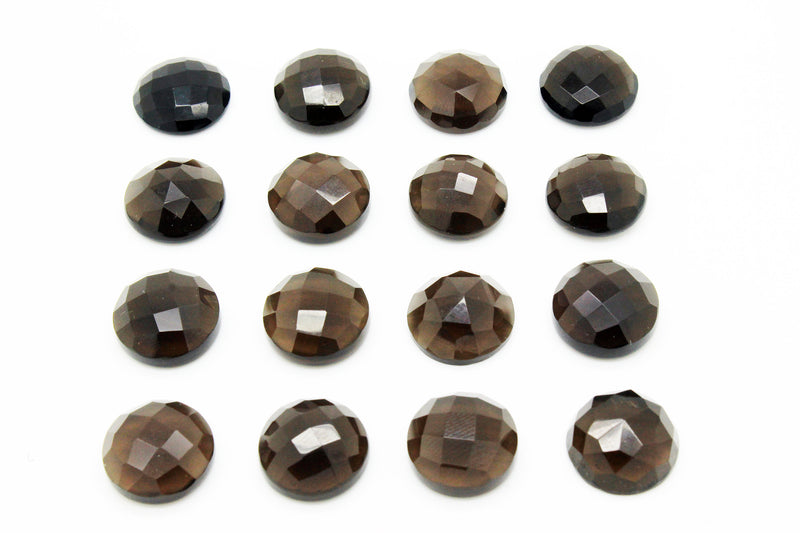 16mm Natural Smoky Quartz Faceted Cabochon Loose Bulk Round Delicate Gemstone