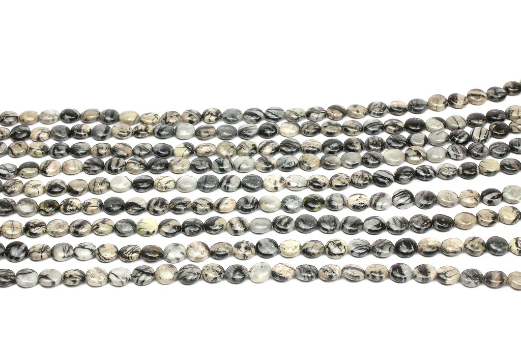 Black Veined AA Jasper Coin Beads Smooth Round Loose Spacer Gemstone DIY Supply
